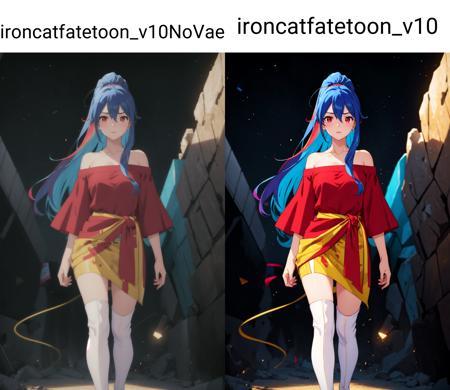 (masterpiece, best quality:1.4), cinematic light, colorful, high contrast, 1girl, off-shoulder shirt, sarong , 
 thigh boots, bobby socks, asteroid, day, standing, blue hair , red eyes, multicolored hair, hair between eyes, very long hair, split ponytail