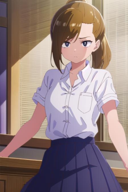 serinayoshida, <lora:serina yoshida s1-lora-nochekaiser:1>,
serina yoshida, brown hair, ponytail, (black eyes:1.5),
BREAK skirt, shirt, school uniform, white shirt, short sleeves, pleated skirt, collared shirt, blue skirt,
BREAK indoors, classroom,
BREAK looking at viewer, (cowboy shot:1.5),
BREAK <lyco:GoodHands-beta2:1>, (masterpiece:1.2), best quality, high resolution, unity 8k wallpaper, (illustration:0.8), (beautiful detailed eyes:1.6), extremely detailed face, perfect lighting, extremely detailed CG, (perfect hands, perfect anatomy),