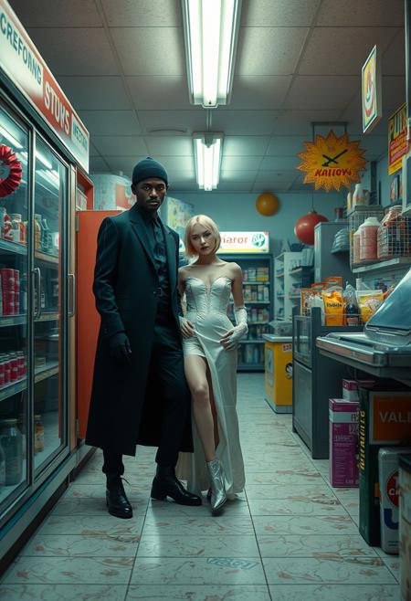 A surreal fashion editorial set in a mundane location, like a supermarket or a suburban backyard, blending social critique with soft, otherworldly elegance., cinematic realism, vibrant colors, sci-fi fantasy, intricate details, dynamic lighting, epic scale, futuristic technology, alien landscapes, powerful characters, atmospheric depth, surreal elements, high contrast, action-packed scenes, dramatic perspective, imaginative worlds