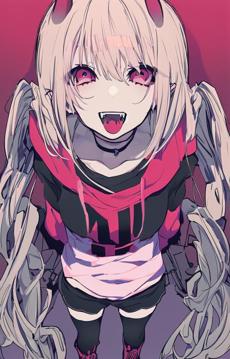 mochizuki kei, 1girl, solo, tshirt, shorts, sky, fangs, masterpiece, post-apocalypse, framing, black horns, pink jacket sleeves, symmetric face, looking at viewer, from above