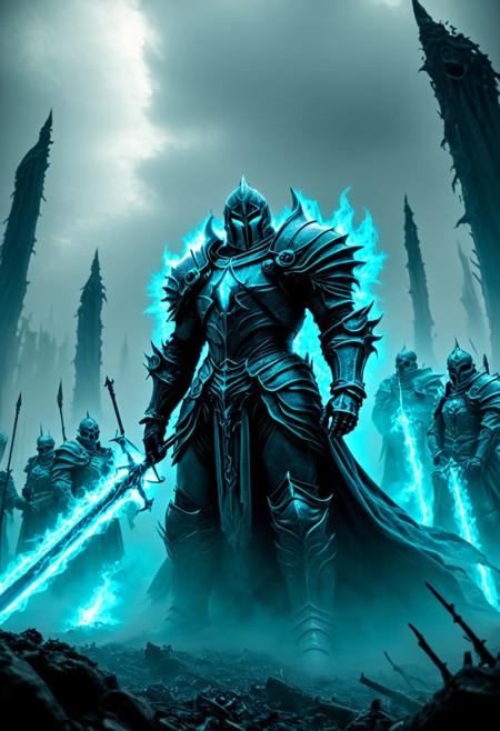 A legion of spectral warriors shrouded in cerulean flames stand amidst a blighted battlefield. Their armor, once gleaming, is now dulled and spectral, their forms flickering with otherworldly energy. Utilize tenebristic lighting to accentuate the spectral glow, casting long, ominous shadows across the charnel ground. Focus on the unsettling juxtaposition of their ethereality against the grim solidity of the battlefield, emphasizing their status as harbingers of death. The low camera angle, peering upwards from the littered battlefield, creates a sense of foreboding, emphasizing the spectral army's imposing presence. Include tattered banners fluttering atop rusted poles, hinting at the army's former glory. Enhance the scene with a chilling mist clinging to the ground, partially obscuring the skeletal remains of past battles.  Symbolist chiaroscuro, tenebrist, volumetric lighting, subtle halation, high-contrast, film grain, teal and orange color grading, high dynamic range, S-curve gamma