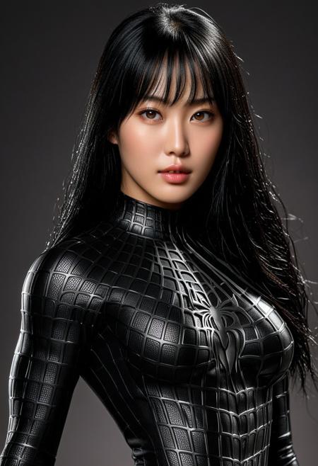 score_9, score_8_up, score_7_up, best quality, realistic, masterpiece, beautiful detail, hyperrealistic, ((1girl, woman body, big breasts)), amazing detailed full body of a cute korean girl, cute face, wearing a realistic and highly detailed black raimi spider-man suit, ((huge muscular girl)), professional model wears ultra - detailed black raimi spider - man suit, ultra - detailed and grained black raimi spiderman suit, suit covered entire body and hand, black spiderman gloves, wet, close up, black hair, variation pose, octane render, highly detailed, volumetric, dramatic lighting, (highest quality:1.1), (HDR:1.3), (top quality, best quality), realistic, high definition, masterpiece, 8k, best quality, best illumination, best shadow, an extremely delicate and beautiful, finely detail, depth of field, classic, highres, perfect lighting, black background,