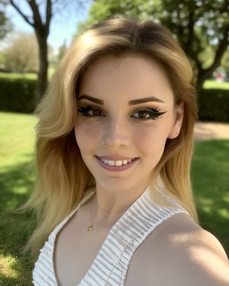 (lenacassandre:1.3), 1girl, selfie, sleeveless dress, light blonde, textured hair, looking at viewer, trans, outdoors, high quality, freckles, parted lips, smile, teeth, masterpiece, eyeliner, makeup, realistic, in a park, intricate detail, detailed face, detailed, extremely detailed <lora:lenacassandre_v2:0.8>