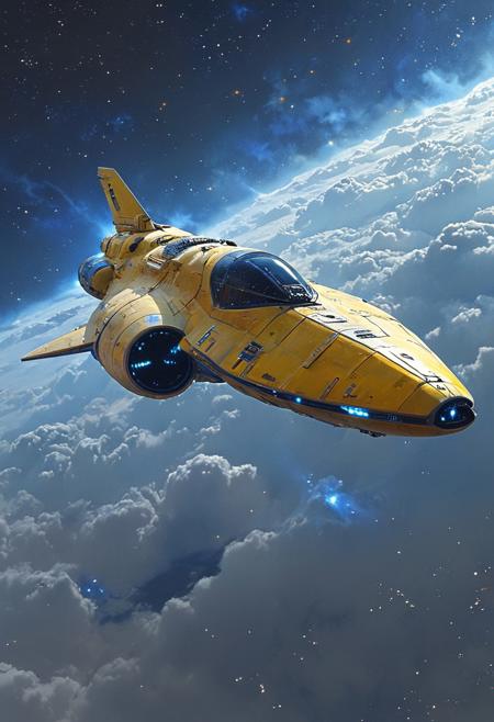 highly detailed dark sci-fi digital artwork, epic composition, silhouette art, chiascuro, a futuristic, highly advanced exploration spaceship in deep space, viewed diagonally, cruising through insterstellar dust clouds with vibrant nebulae in the background. The spaceship predominantly grey with yellow and blue accents, glowing LEDs and diodes; the cockpit shows glowing led lights