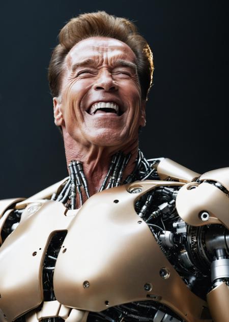 realistic, 4k, Arnold Schwarzenegger with robotic body, laugh