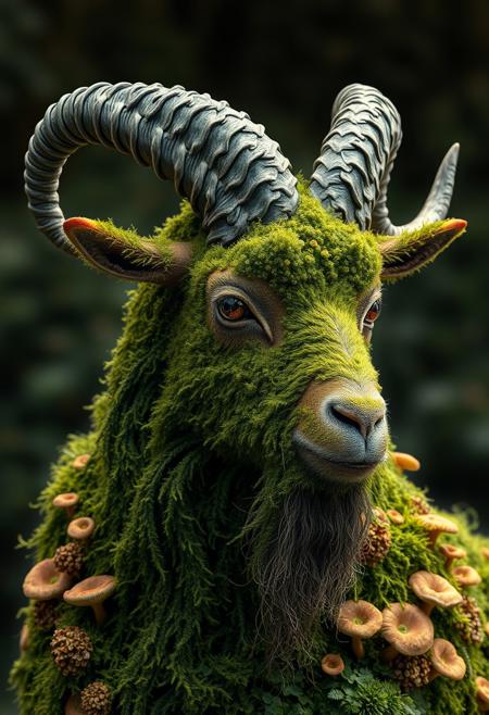 "Hyper-realistic, intricately detailed depiction of a majestic goat, its body composed entirely of lush, vibrant moss and delicate, exotic mushrooms. The goat's fur is rendered in intricate, velvety moss, with each strand meticulously textured and shaded to capture the subtle play of light on its surface. The horns, made of twisted, gnarled fungal growths, seem to sprout organically from the goat's forehead, while its eyes, shining like polished onyx, hold a deep, earthy wisdom. Every aspect of the goat's form, from the tender shoots of its beard to the intricate, lacy patterns of its mossy coat, is rendered with breathtaking precision and realism. Style: hyper-realistic, highly detailed, and richly textured, with a focus on capturing the eerie, otherworldly beauty of the moss and mushroom goat."