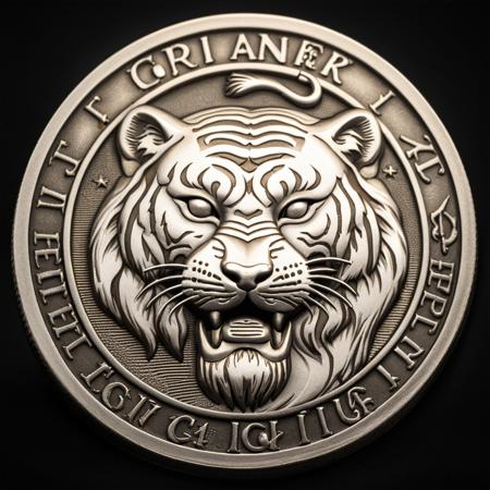 a (silver) c01n with a tiger face over black background