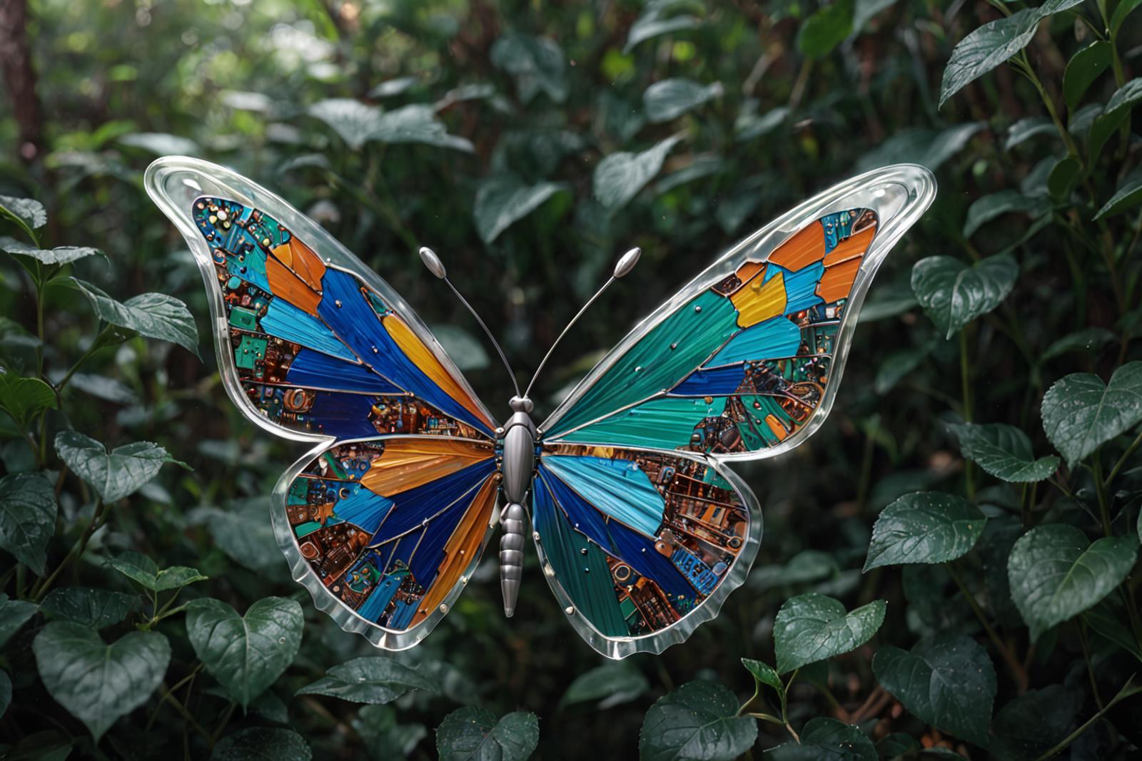 A butterfly made of metal and glass sits on a leafy plant.