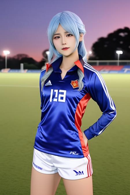 High detail RAW color Photo of 21yo pretty and innocent cosplayer <lora:xiaohuijun:0.8> xiaohuijun as (kishin sagume ) in soccer field, in cold wind, look aside,  very small breasts, harsh lighting, cinematic lighting