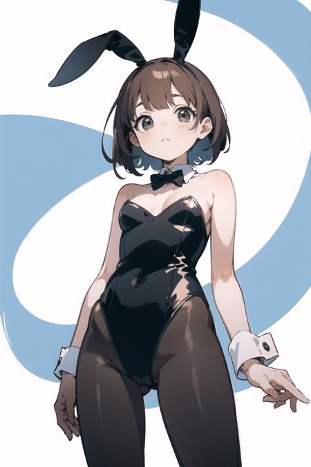 (finely best quality illustration:1.2), (kawaii girl:1.1), (1girl, solo:1.0), (brown short hair:1.0), (black playboy bunny, pantyhose, bare shoulders:1.0), (embarrassed:0.6), (cowboy shot:1.0), (from below:1.1), (white background:1.0), (ultra-detailed, highres:1.0), (sfw:1.0),