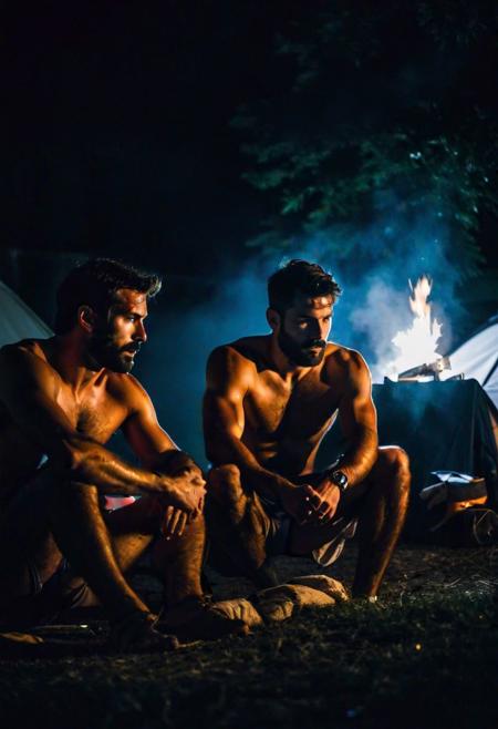Two hairy chested fit italian men in a campsite, shirtless, sitting in a camping tend, a fire lit in front of the tent, in a dark night, extreme close up photo, moonlight