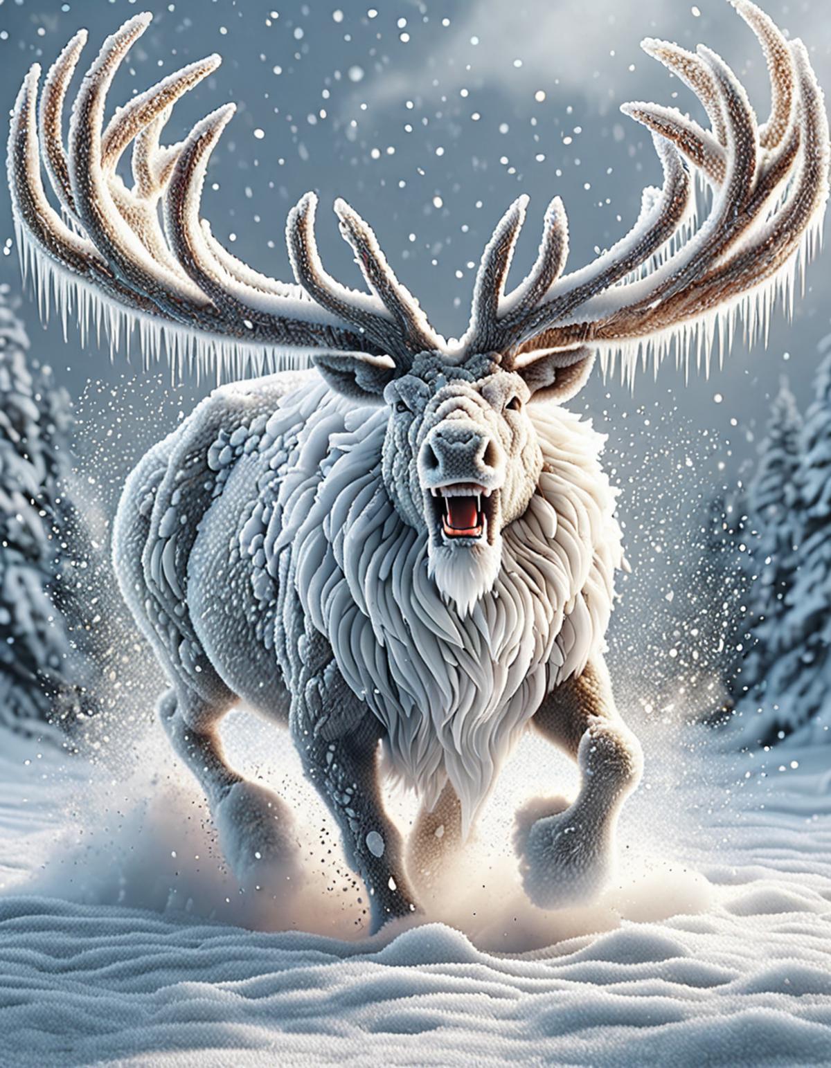 A snowy scene featuring a large deer with antlers.