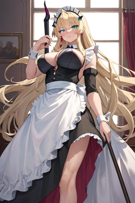 best quality, masterpiece, highres, solo, {maid:1.40}, {long maid dress:1.15}, {tam_lin_gawain_fgo:1.15}, blonde_hair, long_hair, horns, breasts, bangs, heterochromia, large_breasts, green_eyes, red_eyes