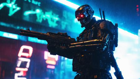 T-800 exoskeleton, aiming pistol, action, looking at viewer:1.3, cyberpunk, cyberpunk reimagined, cybernetic enhancement, night, heavy rain, wet, neon lights, (full body shot:1.2), (looking along street view:1.1), dystopian, cinematic masterpiece, 8k, HDR, photorealistic, best quality, high quality, masterpiece, hyper-realistic.