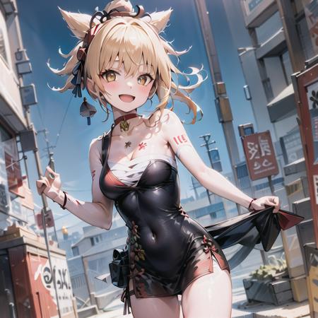 masterpiece, best quality, highres, (1girl), solo, blonde hair, medium hair, asymmetrical hair, floating hair, hair between eyes, high ponytailorange eyes, open mouth, smile, teeth, choker, red choker, pendant choker, butterfly choker, collarbone, tattoo, chest tattoo, flower tattoo, medium breasts, thighs, red chinese clothes, in street