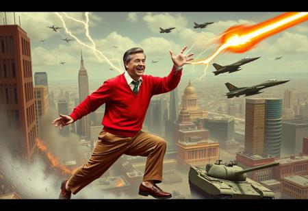 Mr Rogers, wearing a red sweater, slacks, loafers, attacking a large city, crushing buildings throwing cars, electric breath. Being attacked by tanks and fighter jets