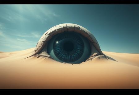 cinematic, 32k, hyper detailed, a giant eyeball buried inside the sand dune, rotten