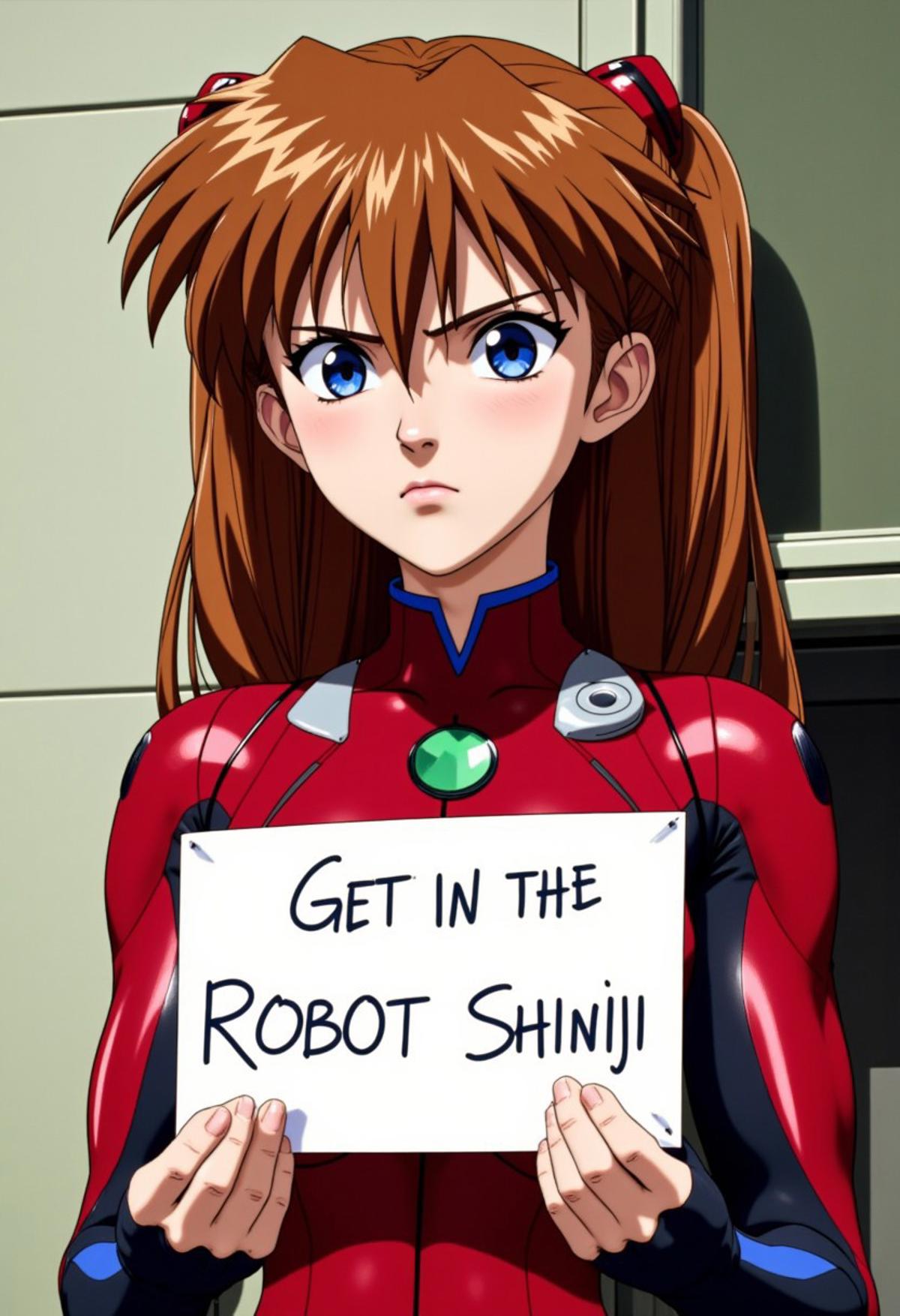 asuka langley soryu, long hair, bangs, blue eyes, brown hair, hair ornament, bodysuit, pilot suit, plugsuit, red bodysuit, interface headset, 
holding sign that says "Get In The Robot Shinji"
from below, upper body, angry, frown