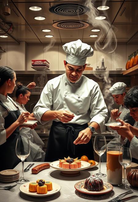 In a high-end restaurant where elegance meets an undercurrent of deception, the kitchen hums with a curious mix of precision and pandemonium. A crew of master thieves, posing as world-class chefs, glide through the chaos, crafting exquisitely decadent candies. These aren’t just treats—they’re infused with stolen secrets and rare ingredients from the wealthiest of patrons. As the confections take shape, the thieves exchange hushed whispers about future heists, all while the oblivious diners savor their luxurious meals. With sugar-coated fingers and hearts brimming with mischief, the thieves use their culinary prowess to conceal a far more daring crime—one sweeter than anything on the menu.
Banner: “Antonino Sbaffavacciuolo Chef”