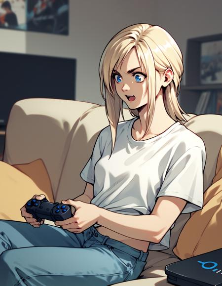 aya brea, blue eyes, blonde hair, white shirt, t-shirt, midriff, jeans