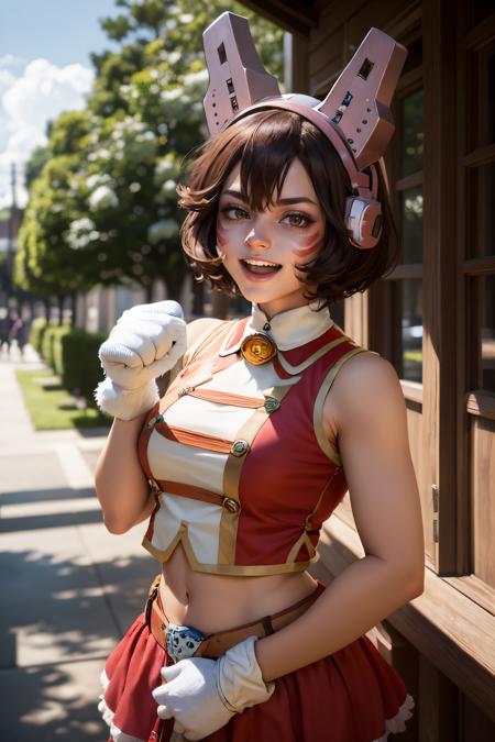 mandalay, brown eyes, bangs, brown hair, facepaint, hair between eyes, headgear, fake animal ears, short hair, neck bell, whisker markings, sleeveless, midriff, animal hands, paw gloves, tail, cat tail, red skirt