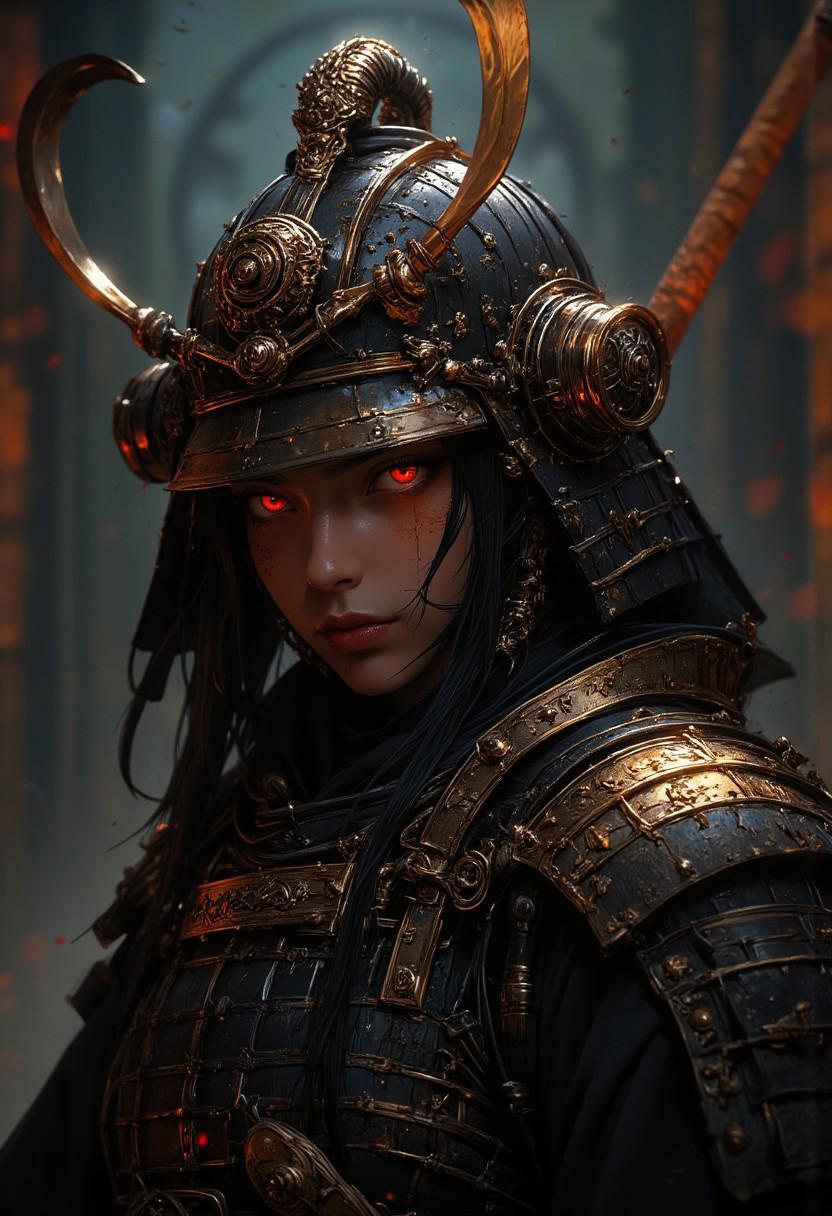 samurai girl with fiery red eyes wearing black and gold samurai armor, she's holding a long naginata polearm to her side, her long hair peaking out from under her helmet, she stands at the entrance of a Buddhist temple guarding it from enemies, full body shot (maximum ultra high definition image quality and rendering:3), maximum image detail, maximum realistic render, (((ultra realist style))), realist side lighting, 8K high definition, realist soft lighting, (amazing special effect:3.5). S1n0z1ck style, mythp0rt, samurai