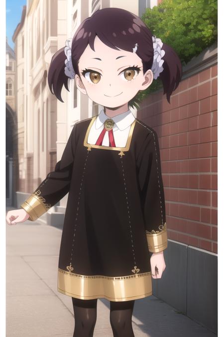 female child short hair,black hair,short twintails,star hair ornament,star (symbol),hairclip,hair scrunchie,white scrunchie,bangs,eyelashes,brown eyes eden academy school uniform neck ribbon,red ribbon,wing collar,collared shirt,white shirt,black dress,long sleeves,gold trim,black socks,mary janes