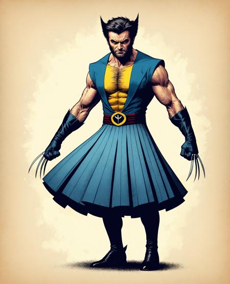 Logan, Wolverine, James Howlett, superhero , Marvel Comics, 
vector, illustration, flat shading, grainy texture, grain
Minimalist vector graphic style illustration,beautiful and dreamy,inspired by Tim Burton's cartoon,
man with dance skirt 'tutu', dress
<lora:grainy-v1:0.7>