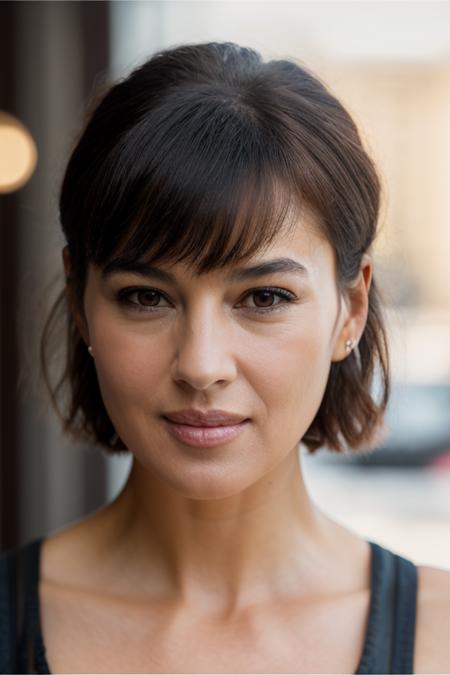 Realistic photo of a beautiful m0n1c4b-v2 woman,   1girl, solo, looking at viewer, smile, short hair, bangs, simple background, brown hair, brown eyes, closed mouth, upper body, sleeveless, lips, black background, realistic, nose, soft lighting, professional Photography, Photorealistic, detailed, RAW, analog, sharp focus, 8k, HD, DSLR, high quality, Fujifilm XT3, film grain, award winning, masterpiece<lora:m0n1c4b-v2:1.0>