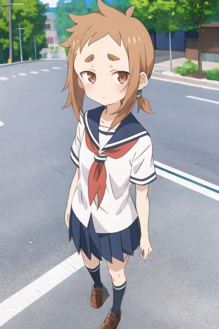 1girl, mina_hibino, forehead, short hair, brown hair, sidelocks, low twintail, brown eyes, school uniform, white shirt, sailor collar, serafuku, blue skirt, short skirt, (road:1.3), standing <lora:mina_hibino:0.7>