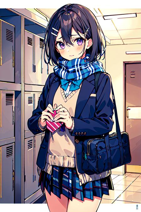 a girl,masterpiece, best quality, ultra-detailed, <lora:Oshioshio:0.8>1girl, bag, solo, skirt, scarf, school uniform, looking at viewer, valentine, jacket, holding, pleated skirt, blush, black hair, hair ornament, sunset, purple eyes, bangs, hairclip, school bag, short hair, bow, long sleeves, holding bag, indoors, plaid scarf, letterboxed, locker, closed mouth, open jacket, gift, sweater, blazer, open clothes, hair between eyes, black skirt, miniskirt, grey skirt, black jacket, bowtie, plaid, standing, blue bow, blue jacket, gift bag