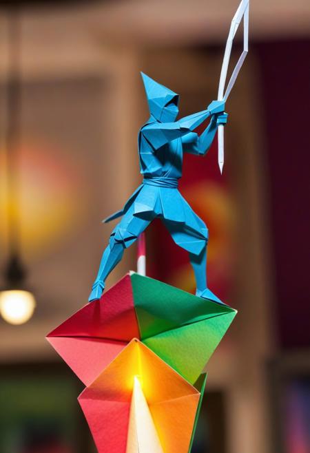 a picture of an origami of a ninja perched on top of a light pole made from a single sheet of multicolored paper, the piece is displayed in a museum with many viewers in the background, bokeh