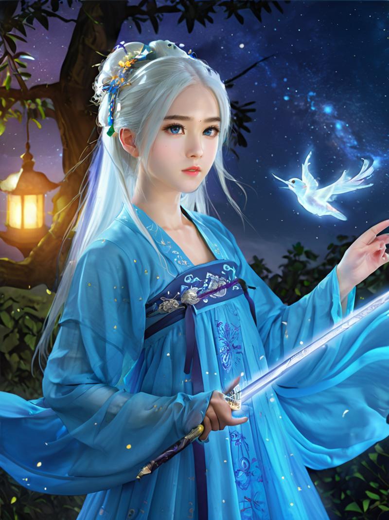 (masterpiece,best quality:1.5), , asian girl with white hair,12 years old, straight hair, blue clothes, holding a sword, i...