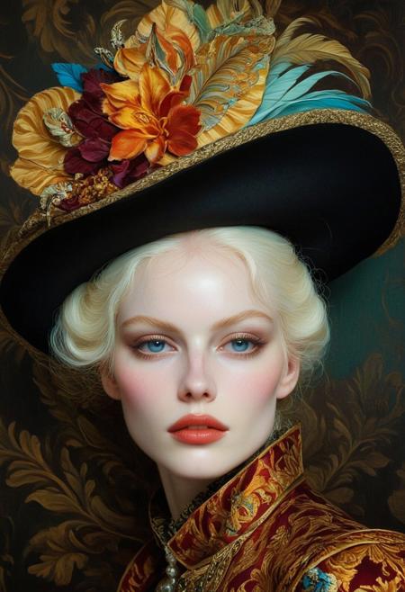 Oil Painting of an albino woman with beautiful eyes, wearing an ornate, baroque, antique hat. In the background is a colorful, patterned fabric with rich colors, creating a moody atmosphere in the style of Roberto Ferri