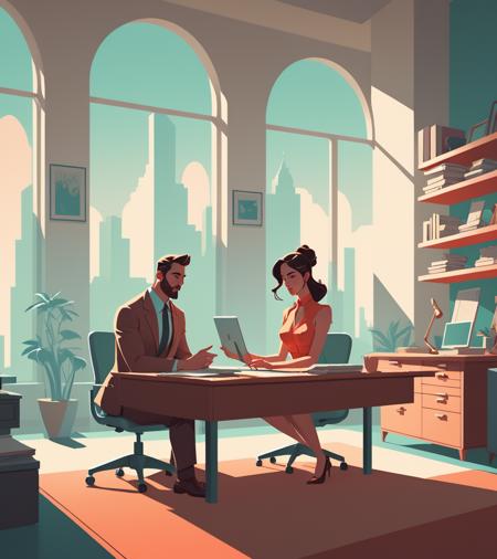 concept art <lora:FF-Style-James_Gilleard:1> a man and woman sitting at a desk, in style of atey ghailan, atey ghailan 8 k, detailed 2d illustration, in style of james gilleard, jen bartel, by Atey Ghailan, flat illustration, digital illustration -, by Seb McKinnon, official illustration, inspired by Atey Ghailan, james gilleard artwork,(Hypersaturated:1.3) . digital artwork, illustrative, painterly, matte painting, highly detailed