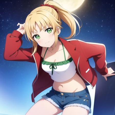 beautiful, masterpiece, best quality, extremely detailed face, perfect lighting, mordred \(fate\), 1girl, solo, ponytail, green eyes, braid, <lora:MordredV1:1>, jacket, red jacket, open jacket, small breasts, bandeau, midriff, navel, abs, obliques, denim shorts, short shorts, cutoffs, no panties