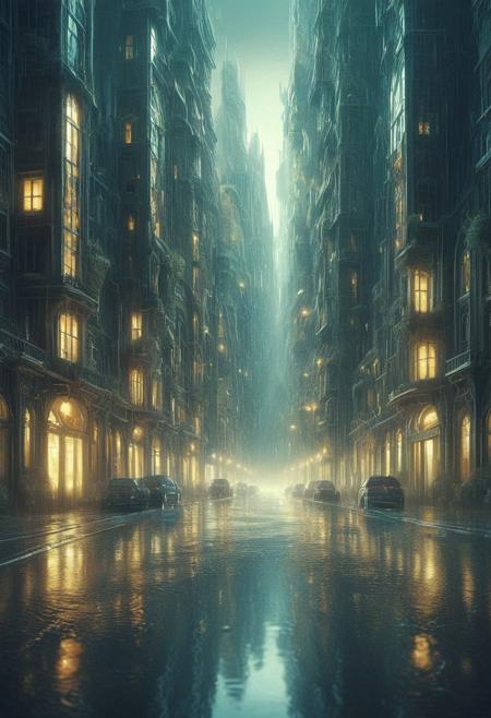 p1nkch1ps, A misty street at night where reflections in rain puddles reveal an alternate world upside-down, hinting at a surreal parallel reality. dynamic theatrical cityscape infused with surreal architectural illusions, dramatic soft lighting with expressive brushwork, elegant figures moving through gravity-defying mirrored spaces, muted rich color palettes with glowing highlights, dreamlike distortions in perspective