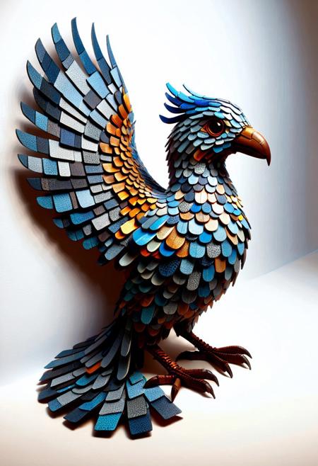 Ultrarealistic. sharp focus, dynamic lighting. play of light, reflection, refraction, Raytracing, Ultra detailed. A blue phoenix made of mad-shingles.