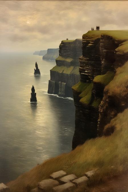 <lora:Worthington Whittredge Style:1>Worthington Whittredge Style - victorian era oil painting of the cliffs of Moher in Ireland, soft and muted palette, highly detailed, in the style of Henri Fantin-Latour