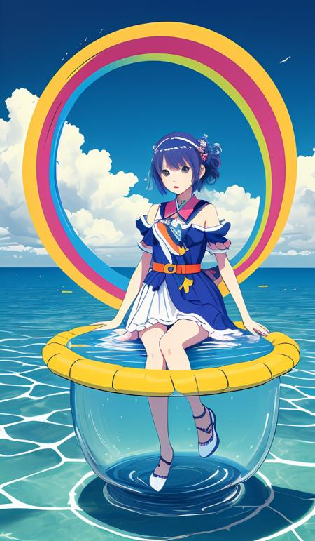 (masterpiece, best quality:1.3), (flat color:1.3),(colorful:1.3),looking at viewer,1girl,solo,floating colorful water,(2D:1.3)