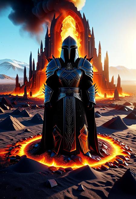 Upon blasted heath strewn with charred detritus, a sorcerer of immense prowess takes stance. Cloaked in garments woven from shadowstuff, embroidered with runes aflame, the mystic weaver of ruin marshals infernal energies to conjure annihilation incarnate. Palms pressed together before chest, eyes clenched shut in rapt concentration, the archmage unleashes pent-up pyrokinesis in explosive eruption. Blazing orb of super-heated plasma detonates outward, engulfing everything within radius of devastation. Searing tongues of flame dance frenetically, casting long, writhing shadows that writhe hypnotically amidst acrid haze choked with ash and embers. Smoke-shrouded silhouettes of toppled monoliths loom beyond periphery, relics of once-mighty bastions reduced to rubble by previous firestorms summoned by this maestro of mayhem.
3d-rendering, concept-art, digital, dreaminess, futuristic, multimedia, virtual-reality, 
eeriness, fantasy, other-worldliness, science-fiction, surreal, 
colorful, sci-fi style, technological, alien worlds, space themes, advanced civilizations, 
best quality, masterpiece, aesthetic, intricate details, highly detailed, ultra-detailed, absurdres, unreal engine, octane rendering, high contrast, vivid, vibrant, volumetric lighting, sharp focus, 
ObsidianSand