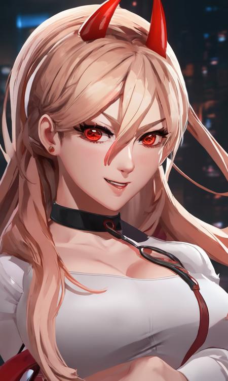 organized pixiv style, fighting game character portrait of a power woman, two red horns, highres 8k <lora:sdxl_power_v4-step00001000:1>