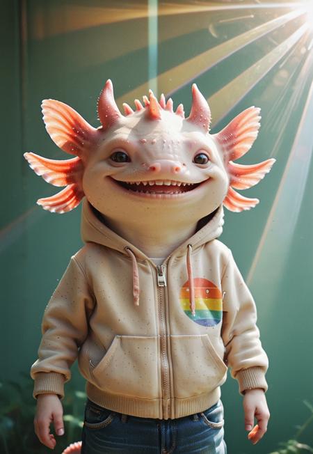clear_note with subtle film-grain texture, vintage atmosphere, and light rays, Schmede, axolotl, beige hoodie, jeans, grin Transforming the tunes We need your support If you've got the breath back It's the first page Of the second chapterBy the way, how much is the fish? How much is the fish? Here we go, here we go, here we go again Yeah! Sunshine in the Air! chromatic aberration,