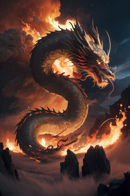 <lora:0219 loong_v1:1>,ruanyi0219,loong,no humans,outdoors,cloudy sky,claws,eastern dragon,long tail,whiskers,chinese new year,red theme,fire,cloud,, best quality,masterpiece,highres,official art,extremely detailed cg unity 8k wallpaper