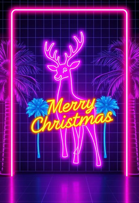 A retro-futuristic Christmas card frames a glowing neon reindeer outlined in bright pink and purple, evoking 80s nostalgia. Against a grid-patterned background, palm trees radiate soft blue neon light. The phrase 'Merry Christmas' bursts forth in vibrant yellow neon script, adding to the nostalgic charm of this futuristic holiday greeting.