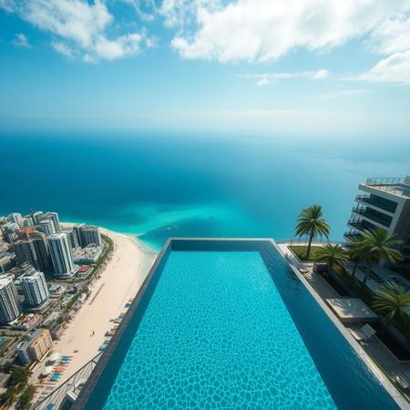 invinity swiming pool view on an edge of a skyscaper view over the city and ave the beach