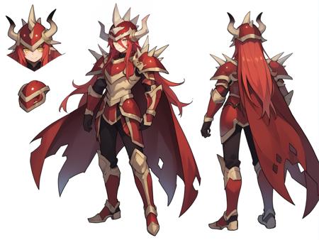 Guldef, (1boy), red hair, long hair, hair between eyes, yellow eyes, (armor), full armor, spikes, shoulder armor, one eye covered, horned helmet, spiked helmet, horned headwear, shoulder spikes, cape, red cape, pauldrons, gauntlets, greaves,  GulDef, (Guldem), dark skin, dark-skinned male, (1boy), red hair, long hair, hair between eyes, (yellow sclera), yellow eyes, (armor), full armor, spikes, shoulder armor, shoulder spikes, cape, red cape, pauldrons, gauntlets, greaves