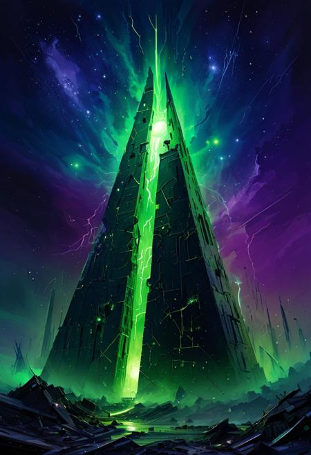Galaxy pyramid city, Necron, (pyramid),  electricity, green theme, green moon, starry sky, space,
Abstract illustration, surreal fractured landscape, twilight sky with deep indigo to electric bright green gradient, towering geometric shapes resembling shattered glass and steel beams, inner light glowing within structures, dark polished surface reflecting light, ethereal swirling fog in muted purples and blues, vibrant golds and reds in the distance, bursts of light and shadow creating dynamic contrast, white beam of light piercing the sky symbolizing memory and hope, abstract expressionism and digital futurism hybrid, bold colors with intense reds, blacks, golds, and silver, light casting long stretched shadows, broad sweeping brushstroke textures enhanced with digital precision, mist swirling at the base of the scene, radiant sky evoking reflection and honor, powerful and dramatic atmosphere, emotional tribute to 9/11 without banality or figures. electricity, green glow, green theme,