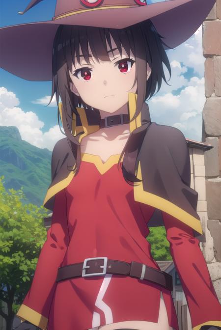 konosubamegumin, <lora:konosuba megumin movie-lora-nochekaiser:1>, 
megumin, short hair, black hair, (red eyes:1.3), short hair with long locks,
BREAK thighhighs, gloves, hat, dress, black gloves, belt, black thighhighs, fingerless gloves, cape, collar, witch hat, bandages, red dress, single thighhigh, asymmetrical legwear, bandaged leg,
BREAK outdoor, forest, nature, trees, village, sky, sun, clouds,
BREAK looking at viewer, (cowboy shot:1.5),
BREAK <lyco:GoodHands-beta2:1>, (masterpiece:1.2), best quality, high resolution, unity 8k wallpaper, (illustration:0.8), (beautiful detailed eyes:1.6), extremely detailed face, perfect lighting, extremely detailed CG, (perfect hands, perfect anatomy),