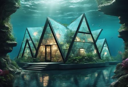 <lora:Triangle Glass Houses Artstyle - Trigger is trhs artstyle:0.5> trhs artstyle, (lost city underwater full of triangle glass houses.:1.4)